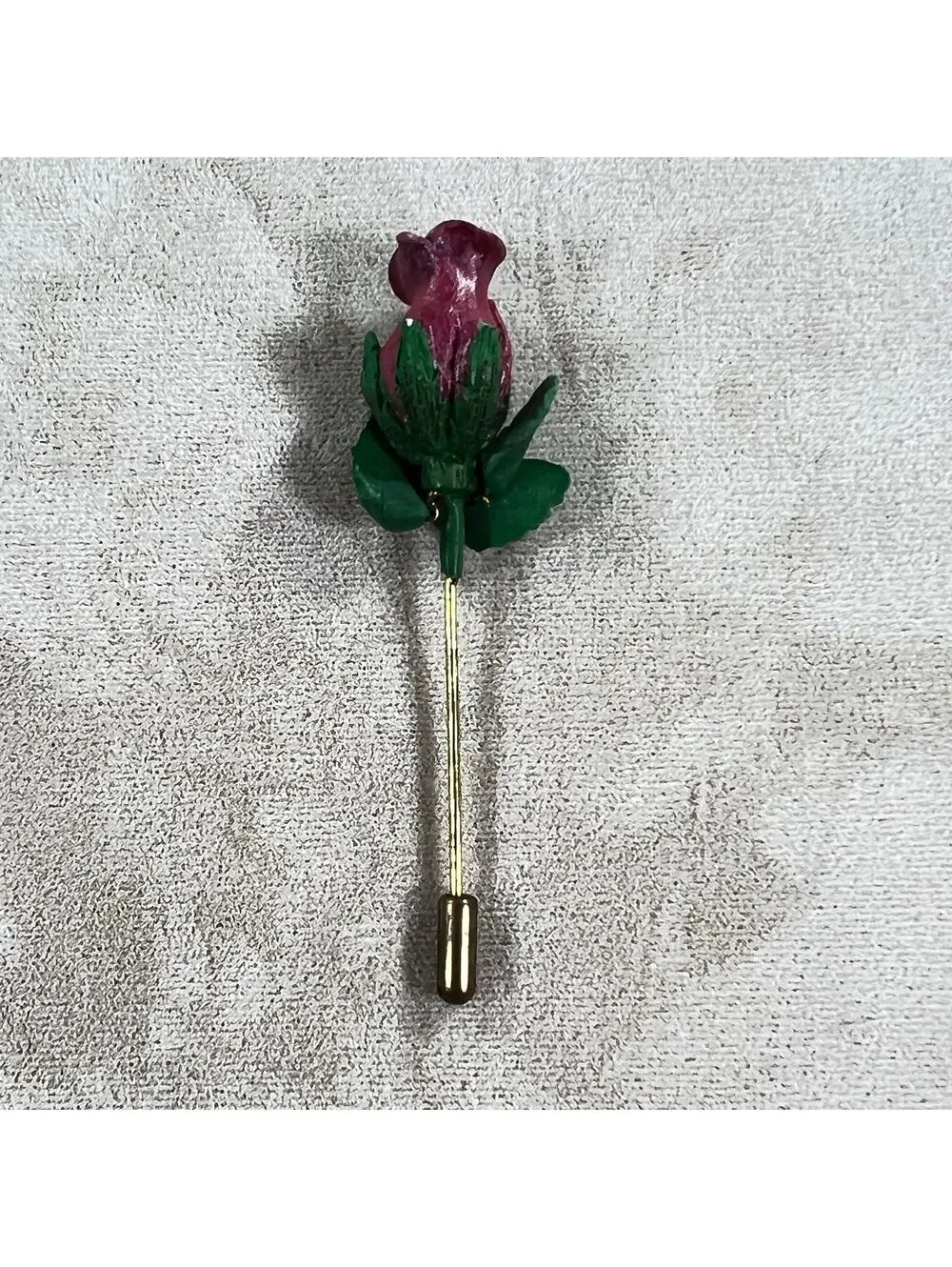 Vintage Red Rose Lapel Pin with Gold Stem and Green Leaves